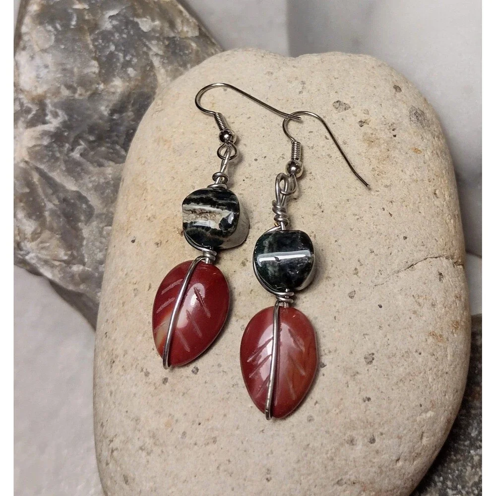 Carved Jasper Leaf Stone Geode Dangle Earrings